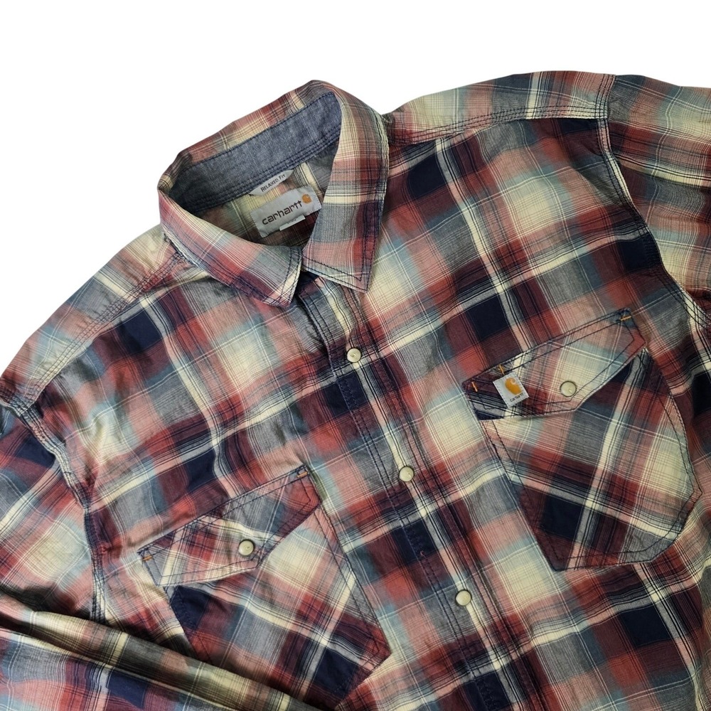 Carhartt Button Down Shirt Mens XL Red Blue Plaid Relaxed Fit Long Sleeve Snap